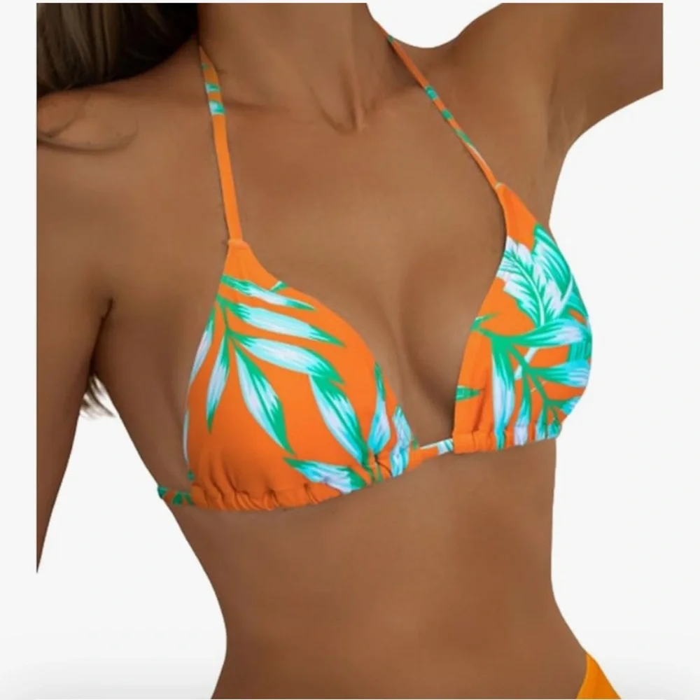 🚘Tropical Orange and Green Bikini 3 piece swim triangle halter top with rumper - Picture 6 of 13